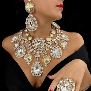Colorful rhinestone jewelry set by Hot Trend Vault featuring water drop necklace and matching earrings for women.