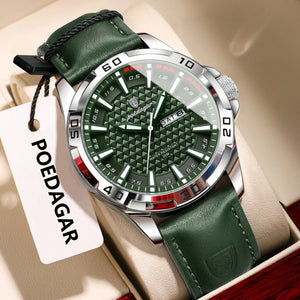 Hot Trend Vault POEDAGAR men's luxury waterproof quartz leather watch with date display, showcasing elegant accessories.
