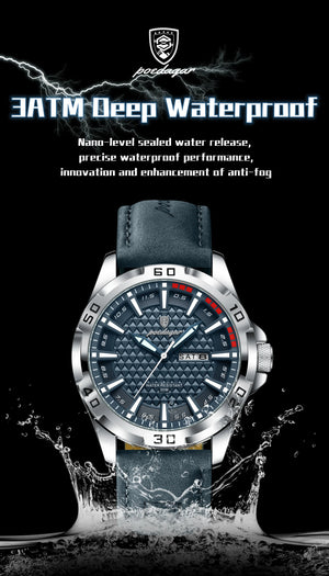 Hot Trend Vault POEDAGAR men's luxury waterproof quartz leather watch showing the round dial and date display.
