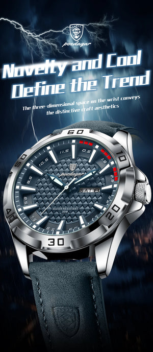Men's luxury waterproof quartz leather watch with date from Hot Trend Vault, showcasing a stylish timepiece with a leather strap.
