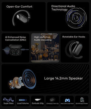 Wavefun Sense Open Ear Headphones Bluetooth Earphone with Adjustable Ear Hook Super Bass Earbuds BT5.3 Headsets with Microphone