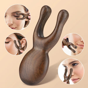LSHOW wooden Gua Sha facial tool in sandalwood, used for face and neck massage to promote blood circulation at home spa.