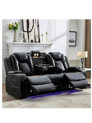 Hot Trend Vault Todrani premium zero gravity power reclining sofa with wireless charger, USB Type-C, and LED floor lights in a modern living room