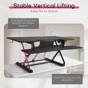 Redlife standing desk converter with built-in wireless charger and ergonomic workspace, designed for office use by Hot Trend Vault.