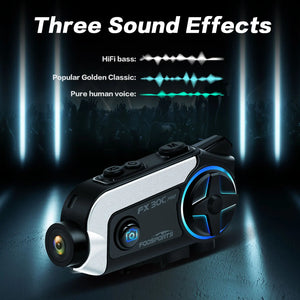 Hot Trend Vault Fodsports FX30C motorcycle Bluetooth headset with intercom and HiFi audio, shown with sleek helmet attachment