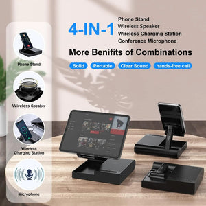 Hot Trend Vault DOSS Bluetooth speaker with 15W charger, adjustable phone stand, and 8-hour playtime on a desk.