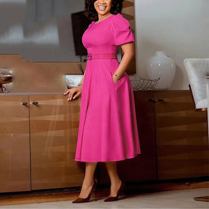 Elegant Dresses for Women 2026 New O Neck Short Sleeve Belt Waisted Pleated Mid Calf Fashion Ladies Birthday Party Dinner Dress