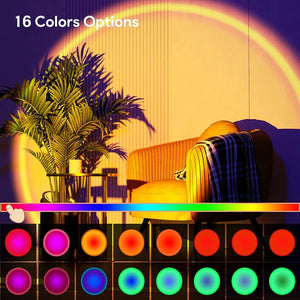 Hot Trend Vault Sunset Lamp with RGB lights, remote control, displaying vibrant 16 color options for photography and ambiance.