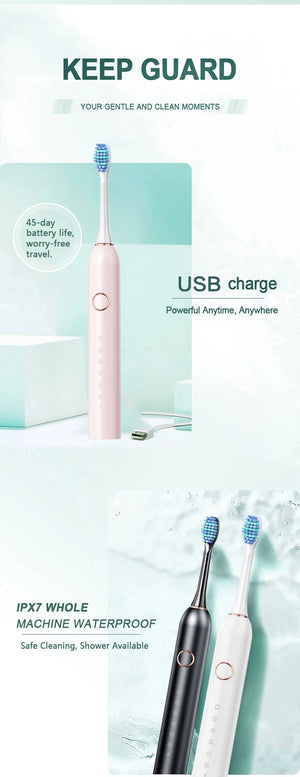 Hot Trend Vault GeZhou Sonic Electric Toothbrush for adults with 6 brushing modes, timer, USB recharge, and replacement heads set.
