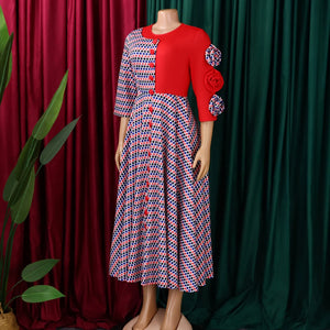 Elegant Dresses for Women 2025 Fall Fashion African 3/4 Sleeve Party Birthday New Robe Chic 3D Flower Plaid Evening A-Line Dress