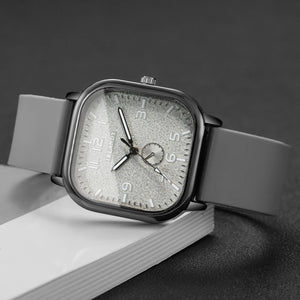 Unisex square watch with silicone strap and quartz movement from Hot Trend Vault, casual wristwatch design.
