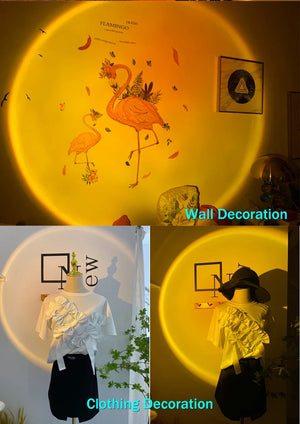 Hot Trend Vault USB sunset rainbow projection lamp showcasing colorful light display for bedroom decor and selfies.