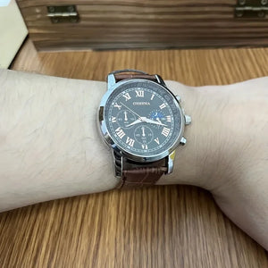 Hot Trend Vault men's leather strap watch with quartz analog movement, stylish accessories for business and casual wear.