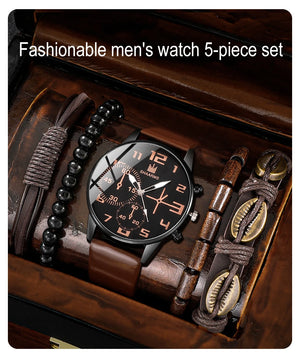 Men's sports watch set by Hot Trend Vault featuring five retro big dial quartz watches with brown leather straps.