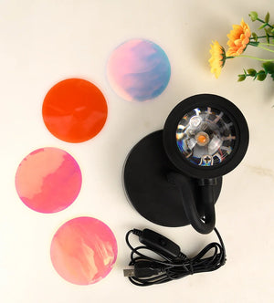 Hot Trend Vault USB sunset light rainbow projection lamp illuminating a bedroom, perfect for decor and taking selfies.