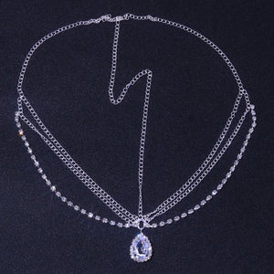 Crystal bridal forehead chain with stone fans and bling design, luxurious headpiece for women by Hot Trend Vault.