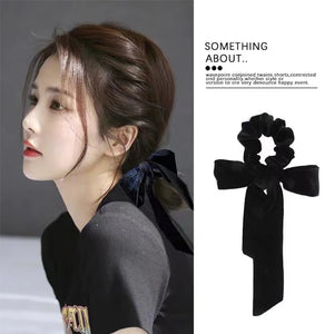 Black velvet bow scrunchie for women and girls, elastic hair tie with vintage style by Hot Trend Vault