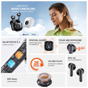 Wireless Headphones,QERE E40,NEW TWS Bluetooth 5.3,HD Microphone,HIFI Earphones,13mm Driver,Display screen+touch,4 Mics+ENC Call