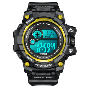 Men's LED digital watch by Hot Trend Vault featuring luminous display, waterproof design, sport style, and military-inspired details.