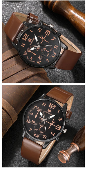 Men's sports watch set with five retro big dial quartz watches featuring brown leather straps, stylish accessories from Hot Trend Vault.