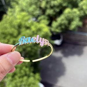 Colorful stainless steel gold nameplate bangles with custom kid's name necklace set by Hot Trend Vault, featuring vibrant design and shiny finish.