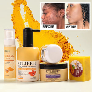 Organic turmeric skin care set by Hot Trend Vault with brightening and evening skin tone, suitable for all skin types, clears acne.