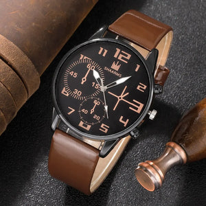 Men's sports watch set with five retro brown leather strap watches featuring large dials and quartz movement from Hot Trend Vault.