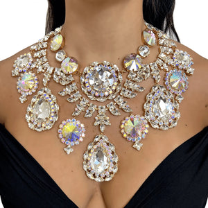 Colorful rhinestone jewelry set for women featuring a water drop necklace and matching earrings by Hot Trend Vault.