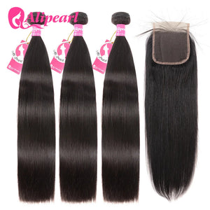 AliPearl Women Remy Brazilian straight hair bundles with 4x4 lace closure, natural black color, styled for a sleek, straight look.