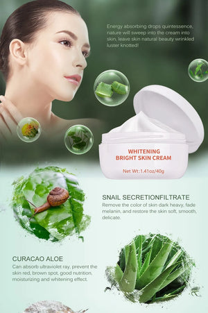 MeiYanQiong dark spot remover cream for women with snail extract, shown in a jar with skincare ingredients.