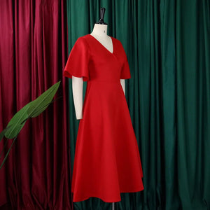 Elegant Dresses for Women V Neck Flare Sleeve High Waisted Pleated A Line Mid Calf Luxury Birthday Party Dinner Vestidos Mujer