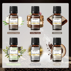 Six 10ml bottles of EUQEE fragrance oils for men and women, displayed with colorful labels from Hot Trend Vault.