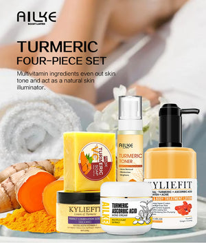 Ailke Turmeric Whitening Skin Care Set by Hot Trend Vault with various skincare products for radiant, glowing unisex skin.