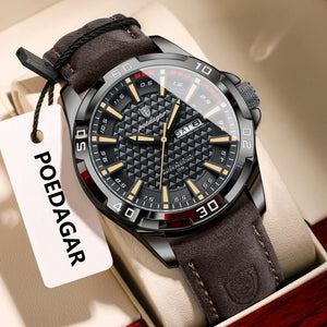 Hot Trend Vault men's luxury waterproof quartz leather watch showing a classic round dial and date display.