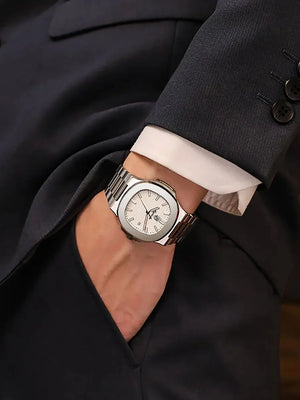 Square quartz men's watch with stainless steel band and striped dial by Hot Trend Vault, stylish accessories for modern men.