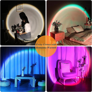 Hot Trend Vault Sunset Lamp with RGB lights and remote, displaying 16 vibrant colors for photography and ambient lighting.