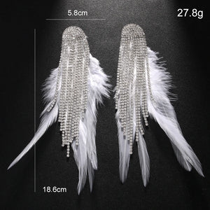 Stonefans Tassel Feather Earrings by Hot Trend Vault featuring geometric crystal drops and boho wedding jewelry style.