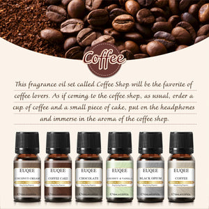 Set of six EUQEE fragrance oils for men and women in 10ml bottles by Hot Trend Vault, displayed in a colorful arrangement.