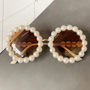 Pearl round sunglasses for women and men with small oval vintage frame, luxury designer style by VICKICOCO.