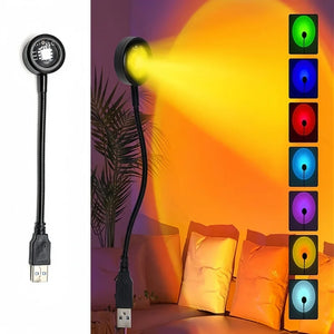 Hot Trend Vault USB Sunset Lamp with rainbow neon glow, versatile RGB mood light for photography and bedroom decor.