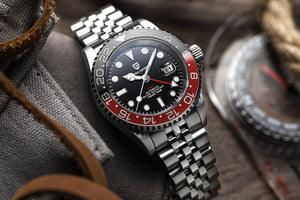 Luxury PAGANI DESIGN GMT men's watch with sapphire crystal, automatic movement, 40mm case, featuring a sleek design.
