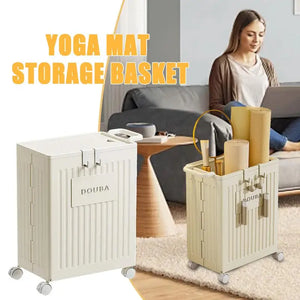 Hot Trend Vault yoga mat storage with wheels, folding organizer for yogis, designed to keep yoga mats tidy and portable.