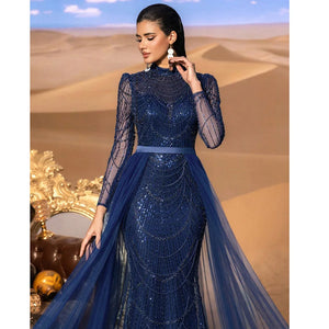 Elegant Wedding Evening Dress for Women 2025 Muslim Long Sleeves Mermaid Detachable Train Sequined Prom Party Gown Customized