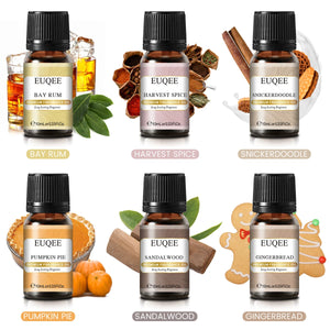 Six 10ml bottles of EUQEE fragrance oils for men and women from Hot Trend Vault, displayed with colorful caps.