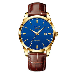Men's LIGE leather chronograph watch with waterproof military design, featuring a black dial and stainless steel strap.