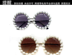 Pearl round sunglasses for women and men with small oval frame, vintage style, luxury designer VICKICOCO, featuring pearl accents