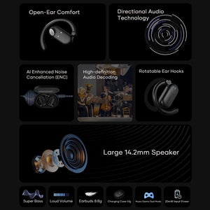 Wavefun Sense Open Ear Headphones Bluetooth Earphone with Adjustable Ear Hook Super Bass Earbuds BT5.3 Headsets with Microphone