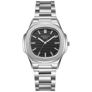 Square quartz men's watch with stainless steel band and striped dial by Hot Trend Vault, stylish accessories for modern men.
