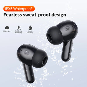 Hot Trend Vault QERE E50 wireless headphones with Bluetooth 5.3, touch display, 13mm drivers, and noise-canceling microphones.