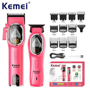 Kemei KM-8502 cordless hair clipper kit with multiple attachments for home grooming, featuring a sleek design and ergonomic handle.